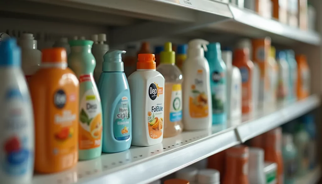 Close-up of a variety of household products on a shelf