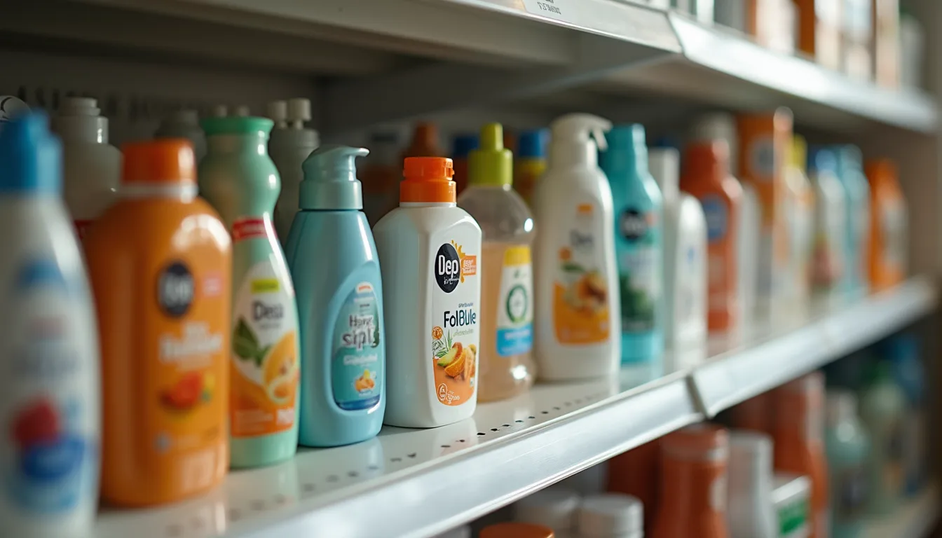 Close-up of a variety of household products on a shelf