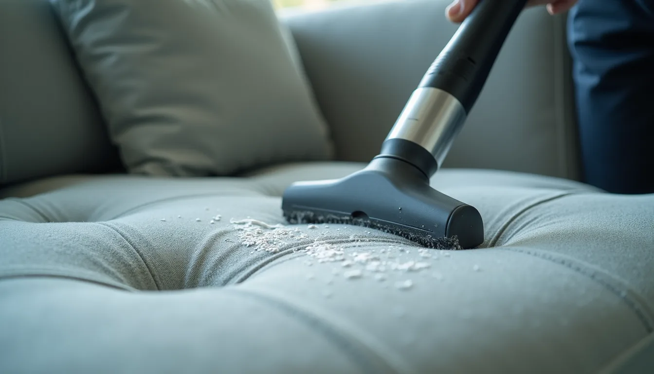 Close-up view of a fabric sofa being cleaned with a special injection-extraction machine
