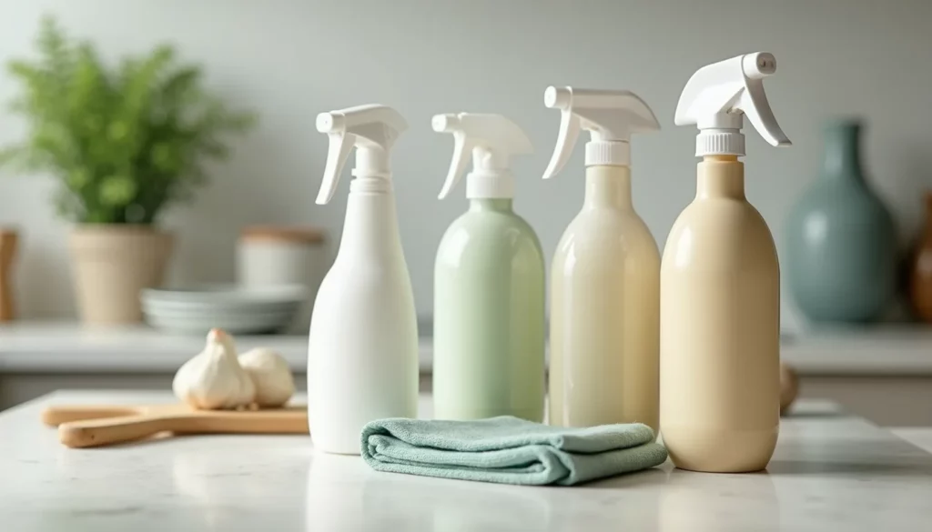 Close-up view of eco-friendly cleaning products on a kitchen counter