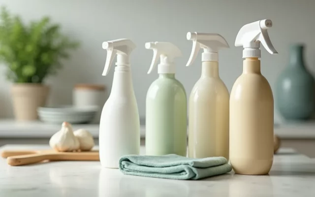 Close-up view of eco-friendly cleaning products on a kitchen counter