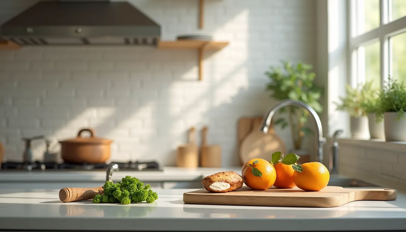 High angle view of a clean kitchen with natural ingredients