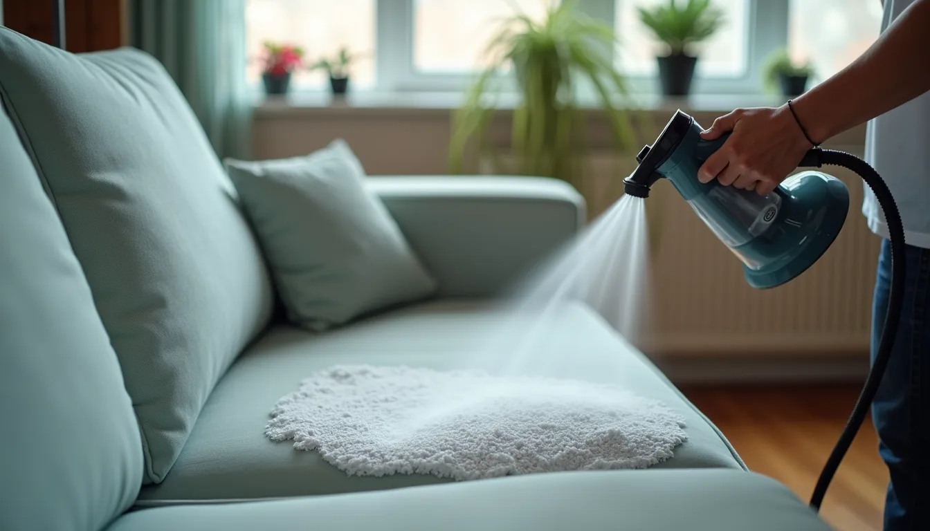 High angle view of a sofa being cleaned with dry steam