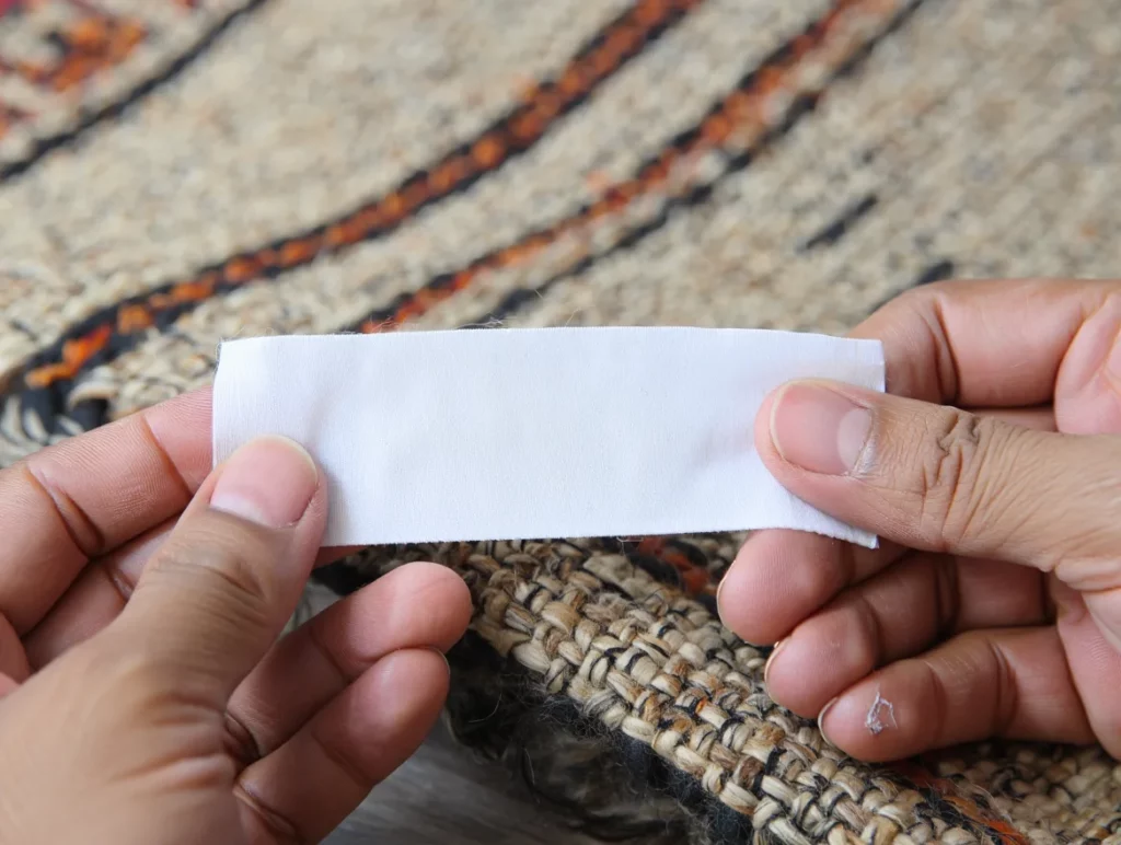 Nettoyage délicat d'un tapis en laine tissée avec un chiffon blanc