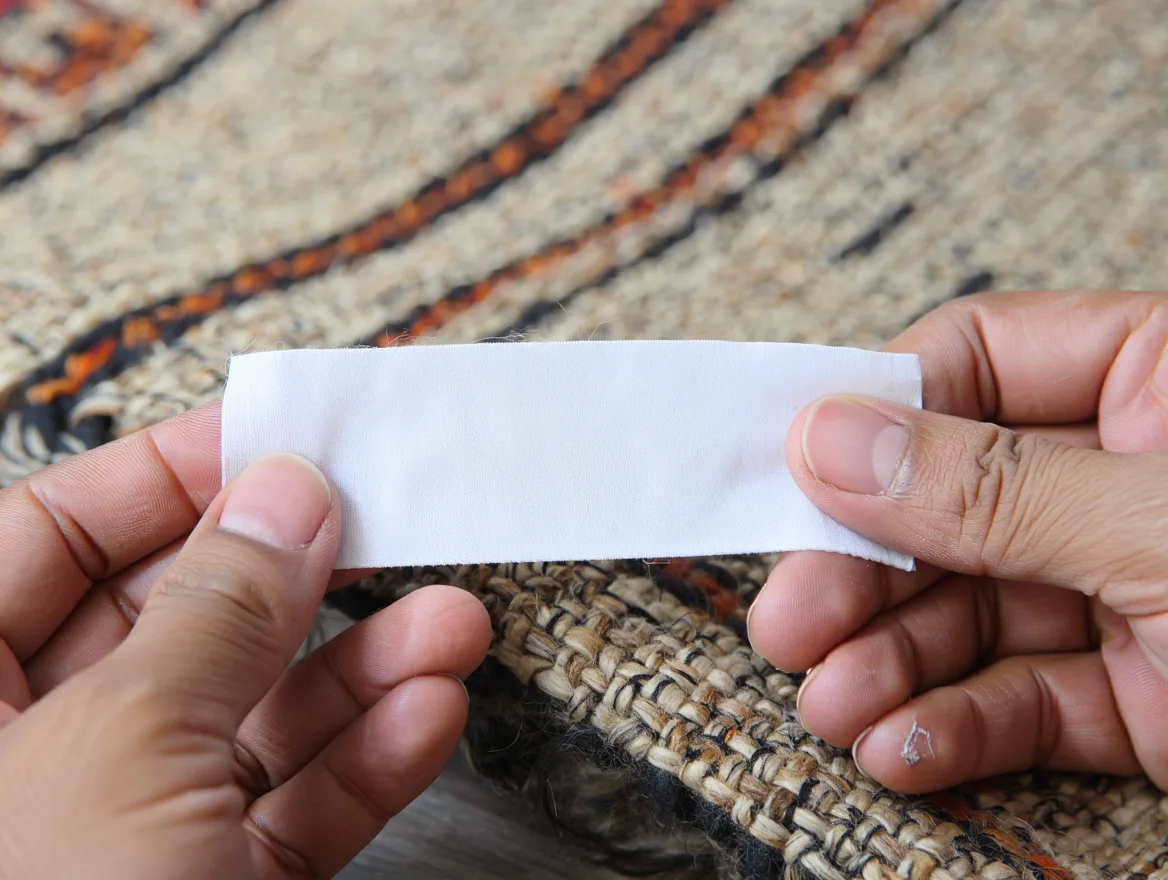Nettoyage délicat d'un tapis en laine tissée avec un chiffon blanc