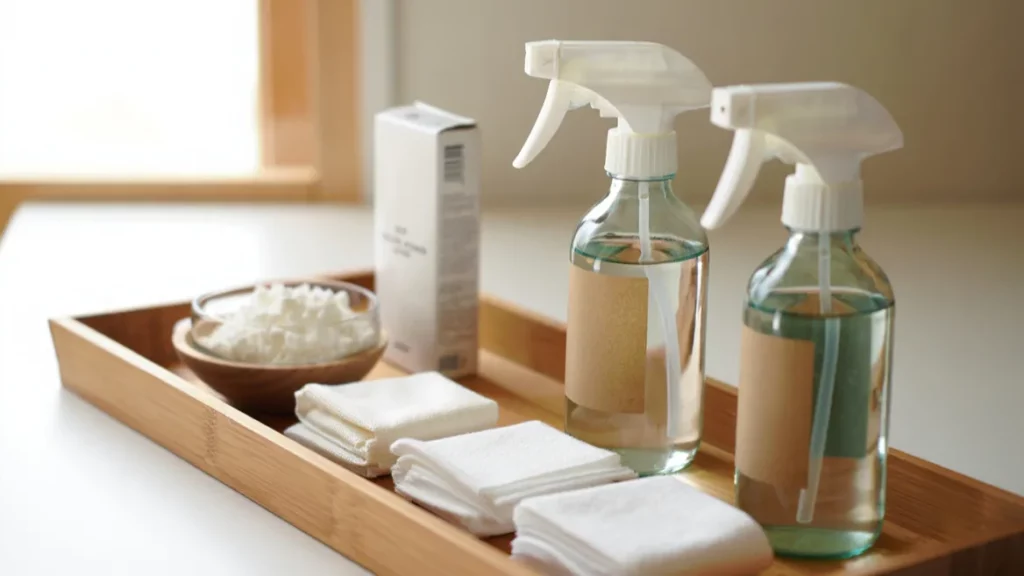 Plateau en bois avec produits d'entretien naturels et vaporisateurs