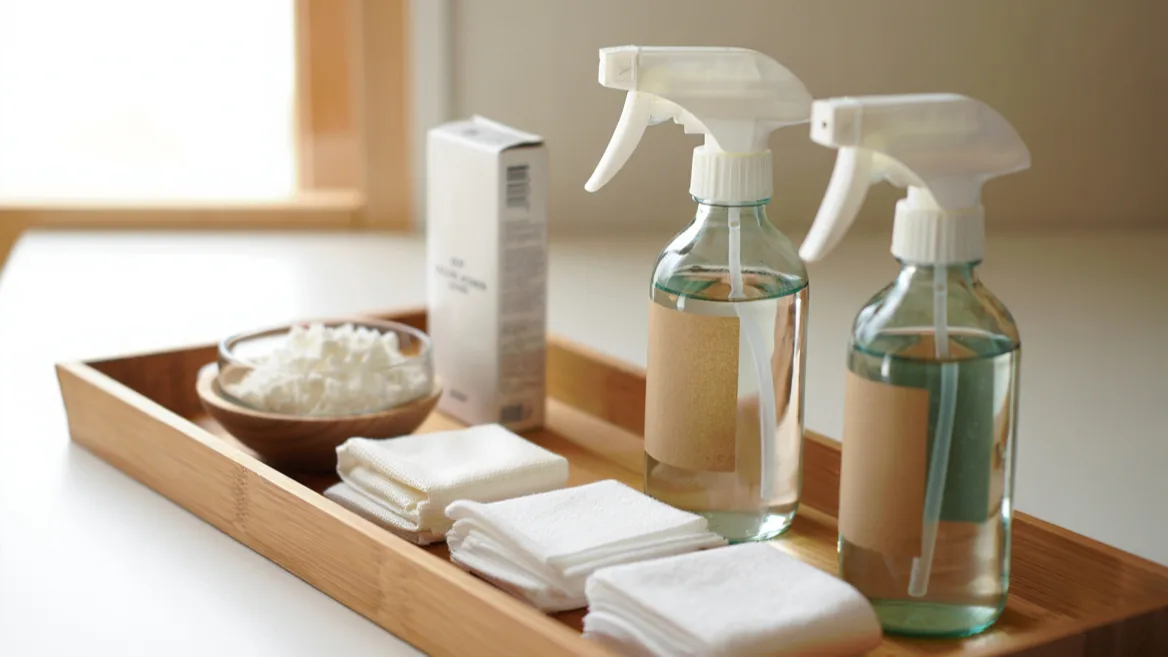 Plateau en bois avec produits d'entretien naturels et vaporisateurs