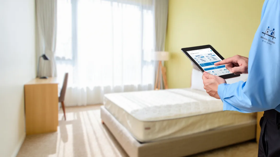 Professionnel établissant un devis sur tablette lors d'une intervention à domicile